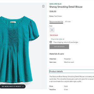 NWT Skies Are Blue Shanay Smocking Detail Blouse